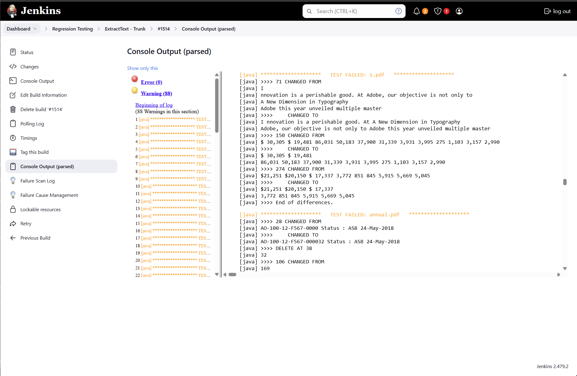 Error log example from failed regression test
